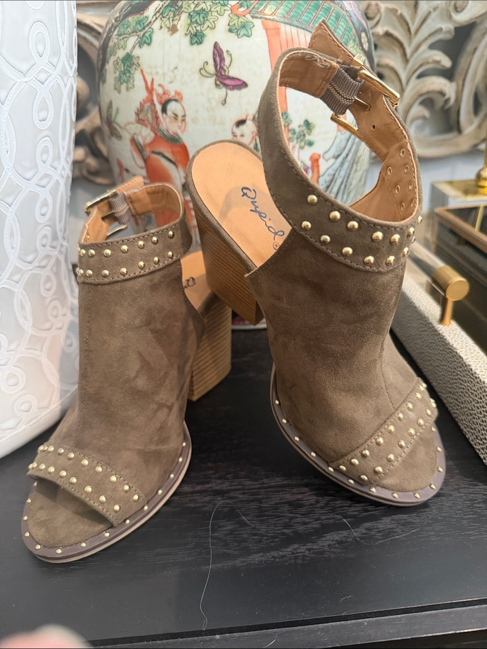 Qupid Brown Suede-like Studded Open-Toe Block Heel shoes